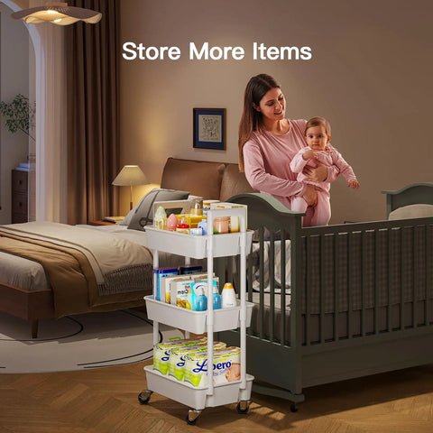 Three Tier Rolling Cart Organizer With Lockable Wheels next to crib in nursery, filled with baby items, white plastic