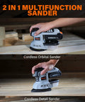 Cordless 20V Max Random Orbital And Detail Sander With 2.0A Battery And Charger, Multi Purpose Hand Sander Kit in use on wood surfaces