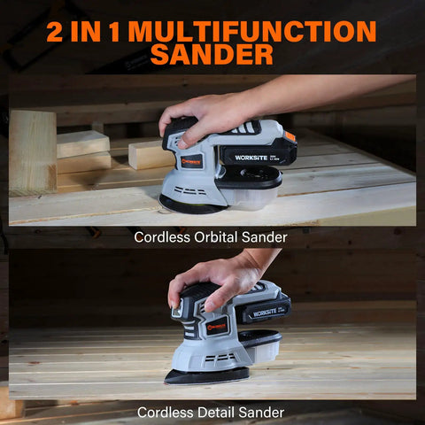 Cordless 20V Max Random Orbital And Detail Sander With 2.0A Battery And Charger, Multi Purpose Hand Sander Kit in use on wood surfaces