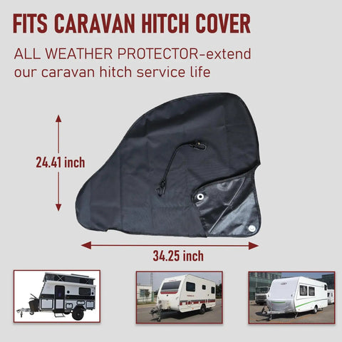 Heavy Duty Tow Hitch Cover All Weather Waterproof Shield For Camper And Caravan Fits Most Trailers Black Premium Oxford Material With PU Coating Keeps Your Ride Clean And Built To Last 34 Inch By 24 Inch, showing dimensions and hitch cover details.