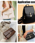 Four purses with gold turn-lock clasps: beige handbag, black backpack, brown wallet, quilted black shoulder bag.
