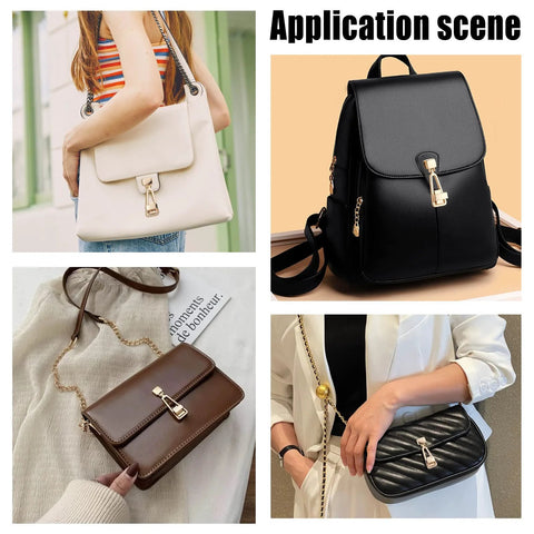Four purses with gold turn-lock clasps: beige handbag, black backpack, brown wallet, quilted black shoulder bag.