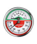Close-up of Tridicator Thermo Manometer Pressure Gauge For Gas And Noncorrosive Liquids Two And A Half Inch Dial 0 To 160 Psi And 30 To 250 F