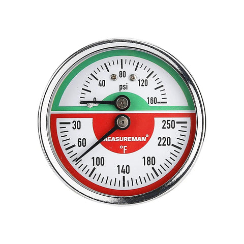 Close-up of Tridicator Thermo Manometer Pressure Gauge For Gas And Noncorrosive Liquids Two And A Half Inch Dial 0 To 160 Psi And 30 To 250 F