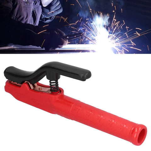 Heavy Hitter Welding Electrode Clamp, 1000A Copper Jaw Stinger, red design with scald resistant grip, used in welding.