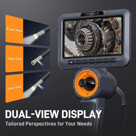 4 Way Dual Lens Articulating Borescope For Auto Techs With Joystick Control Full 360 Degree Rotation And 210 Degree Bending, dual-view display