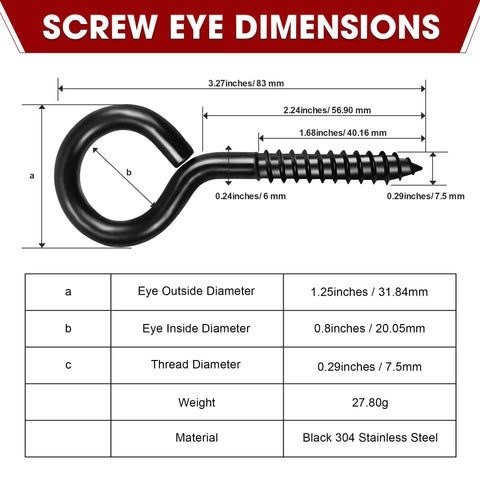 Diagram of Heavy Duty Black Screw Eyes Set Of 8 3.2 Inch Self Tapping Eye Hooks For Wood And Cable Management with dimensions.