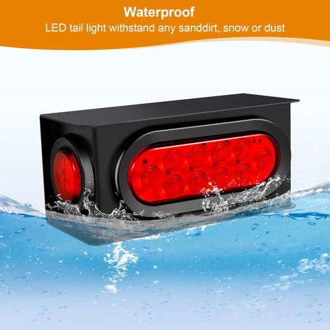 All In One Steel Trailer Light Box Kit with 6 inch oval red 10 LED tail lights submerged in water showcasing waterproof feature