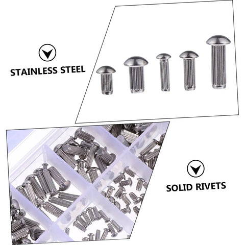 Shop Grade 304 Stainless Steel Solid Rivets Kit Includes 160 Tough Round Head Fasteners With Knurled Shanks For Heavy Duty DIY Creations.