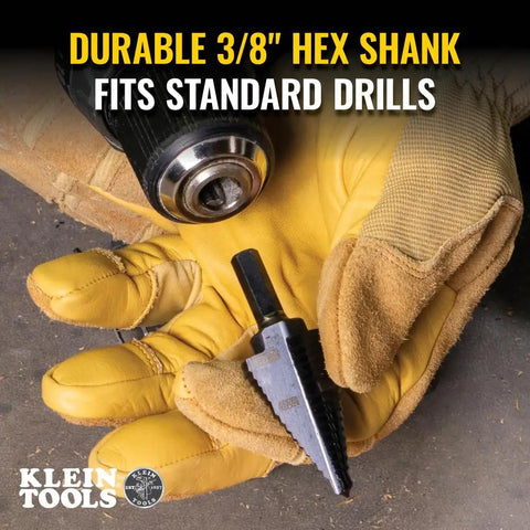 Step Drill Bit With Aluminum Titanium Nitride Coating for long lasting durability and chip removal, three-eighth inch hex shank