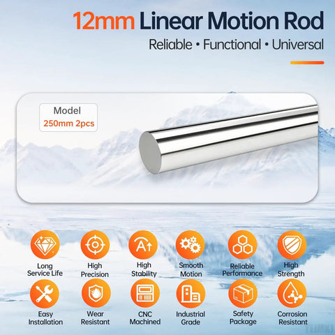 Get The Smooth Sailing Motion With These 2Pc 12Mm X 250Mm Linear Rods Made Of Premium C45 Steel For Perfect Guide Rail Sliding And Rock Solid Stability, showing 12mm chrome steel rods.