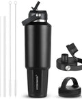 Stainless Steel Forty Oz Insulated Water Bottle Triple Wall Copper Core Keeps Cool Drinks Frosty Solid All Day With Tight Seal Straw Lid Built Different For Road Trips with black exterior, straw, and accessory caps.