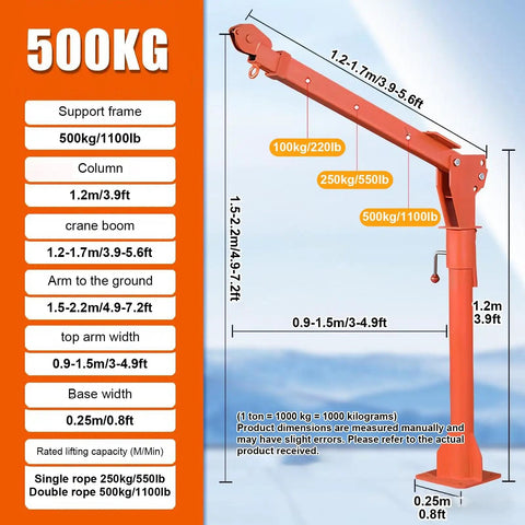 Heavy Duty Electric Truck Winch With 3500 Lbf Boom, 12V Steel Jib Hoist, And 360 Degree Swivel depicting specifications and dimensions.