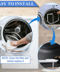 Installation guide showing Stainless Steel Dryer Lint Filter Catcher Screen For Whirlpool Kenmore Maytag Replacement Part W10049360 8066170.