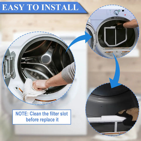 Installation guide showing Stainless Steel Dryer Lint Filter Catcher Screen For Whirlpool Kenmore Maytag Replacement Part W10049360 8066170.