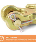 Close-up of Tough As Nails 1/4 Inch Clevis Grab Hook with cotter pin, 3600 lbs working load, gold-finished alloy steel, pack of 6.
