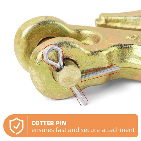 Close-up of Tough As Nails 1/4 Inch Clevis Grab Hook with cotter pin, 3600 lbs working load, gold-finished alloy steel, pack of 6.