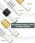 Assorted chrome bathroom vanity light fixtures with clear glass sconces series overview.