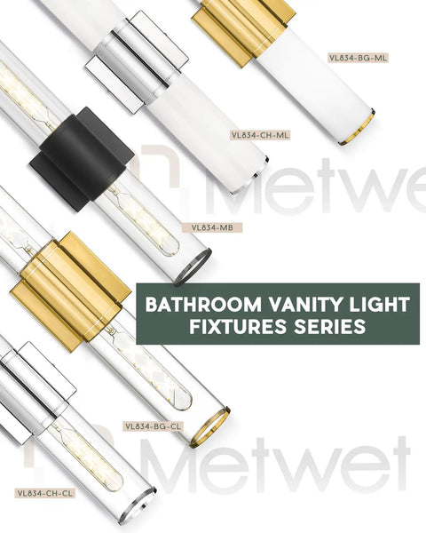 Assorted chrome bathroom vanity light fixtures with clear glass sconces series overview.
