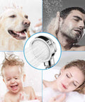Detachable Handheld Shower Head With 3 Settings High Pressure Water Saving 360 Degree Rotating With On Off Pause Switch 59 Inch Hose Brass Fittings Chrome Finish RV Ready in use for dog, man, baby, and woman showering.