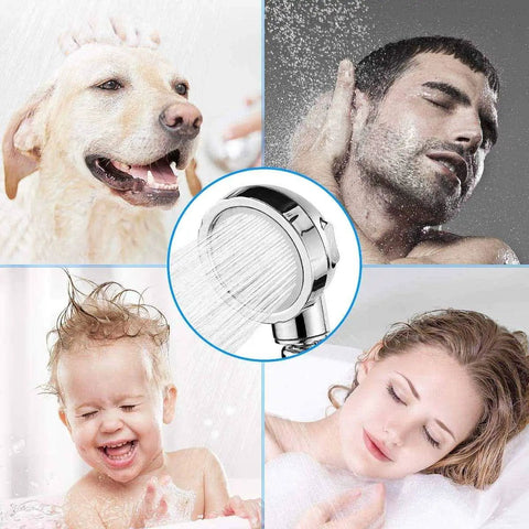 Detachable Handheld Shower Head With 3 Settings High Pressure Water Saving 360 Degree Rotating With On Off Pause Switch 59 Inch Hose Brass Fittings Chrome Finish RV Ready in use for dog, man, baby, and woman showering.