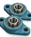 Two blue UCFL205-16 pillow block bearings with 1-in bore, 2-bolt flange, cast-iron bases, angled front view