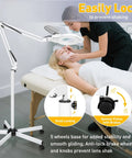 2 In 1 Lighted Magnifier With Stand And 5 Wheel Rolling Base, 2200 Lumens Dimmable Magnifying Floor Lamp For Estheticians shown in use during facial care