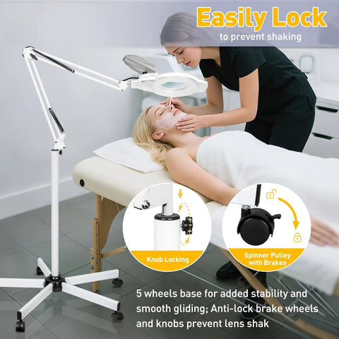 2 In 1 Lighted Magnifier With Stand And 5 Wheel Rolling Base, 2200 Lumens Dimmable Magnifying Floor Lamp For Estheticians shown in use during facial care