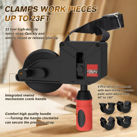 23 Ft Variable Angle Band Clamp For Woodworking, Picture Frames, Barrels And Odd Shaped Pieces, showing nylon strap and handle
