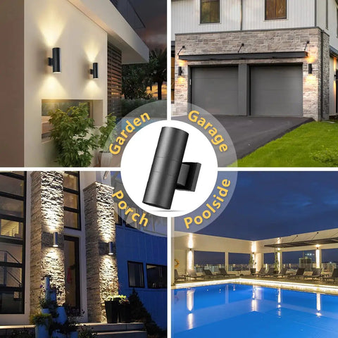 Modern Outdoor Wall Lights Up and Down Cylinder Sconce Matte Black Pack of 2 illuminating porches and garages at night