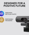 Built Different Brio 501 Full HD Webcam With RightLight 4 Tech showing features of recycled plastic and responsible packaging.