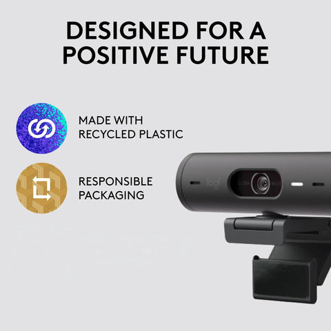 Built Different Brio 501 Full HD Webcam With RightLight 4 Tech showing features of recycled plastic and responsible packaging.