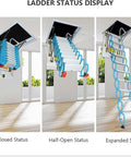 Super Heavy Duty Telescopic Attic Ladder With Buttery Smooth Electric Fold built tough titanium alloy frame shown in closed, half-open and expanded states.