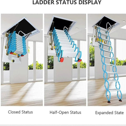 Super Heavy Duty Telescopic Attic Ladder With Buttery Smooth Electric Fold built tough titanium alloy frame shown in closed, half-open and expanded states.