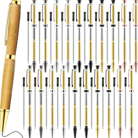 20 Piece 7mm Slimline Pen Kit With Refills for Wood Turning Lathe Projects in Assorted Colors, shown disassembled and assembled.