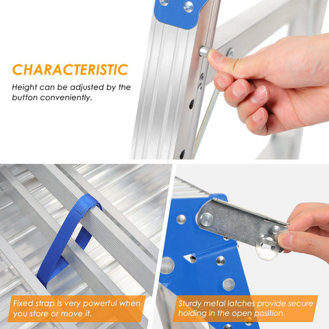 Adjustable Aluminum Work Platform 330 Lb Capacity, Height 24 To 35 Inches, height adjustment and secure latch details