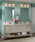 Eva 3 Light Brushed Nickel Vanity Light With Frosted Glass Dual Mount Bath Fixture For Up Or Down Install shown above mirrors