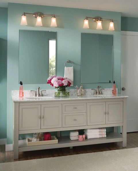 Eva 3 Light Brushed Nickel Vanity Light With Frosted Glass Dual Mount Bath Fixture For Up Or Down Install shown above mirrors