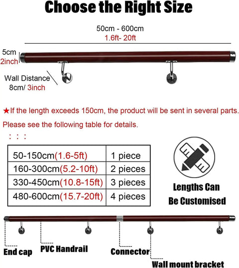 Non Slip Pvc Outdoor Railing Red Wall Mount Handrail Kit For Stairs Decks Patios Features Rock Solid Grip dimensions and components guide