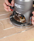 Heavy Duty Brass Router Template Bushings With Precision Bearing Kit And Inlay Guide Set Rock Steady Woodworking Essentials in use with a Skil router.