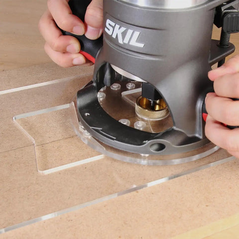 Heavy Duty Brass Router Template Bushings With Precision Bearing Kit And Inlay Guide Set Rock Steady Woodworking Essentials in use with a Skil router.