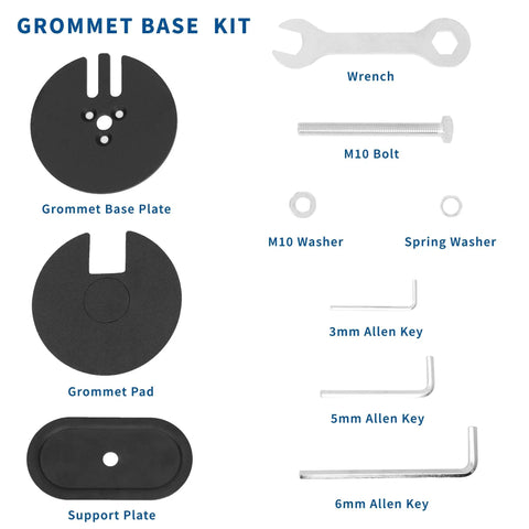 Heavy Duty Grommet Kit For Desk Monitor Mounts, Dead Nuts 4 Inch Steel Base With Full Hardware Set components layout.