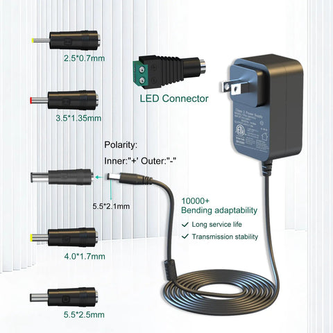 24V 1A Power Adapter Charger For LED Strips, Fish Tanks, Massage Guns And More with multiple DC connectors