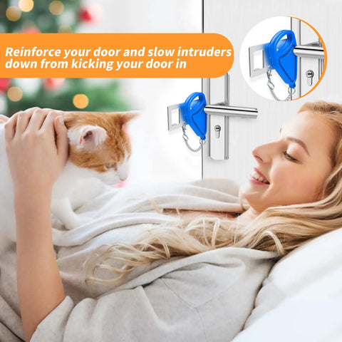 Hotel Safety Portable Door Lock For Inside Use And Privacy Universal Security Jam Lock Adds Extra Protection image with a woman and cat