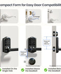 Genuine Matte Black Smart Lever Lock Boasting Hella Fast AI Fingerprint Unlock and Smooth App Control Keypad Entry with installation guide.