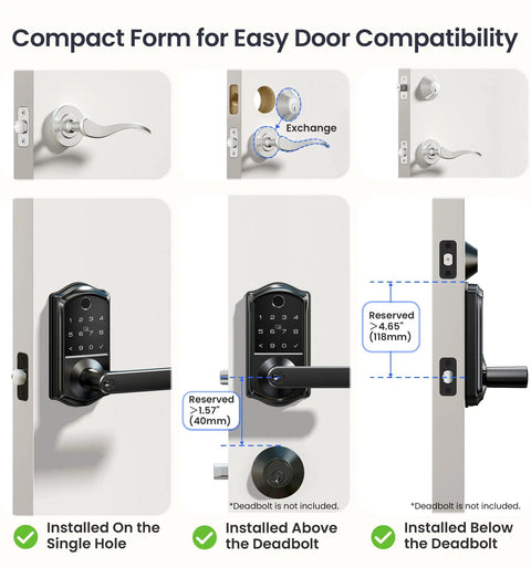 Genuine Matte Black Smart Lever Lock Boasting Hella Fast AI Fingerprint Unlock and Smooth App Control Keypad Entry with installation guide.