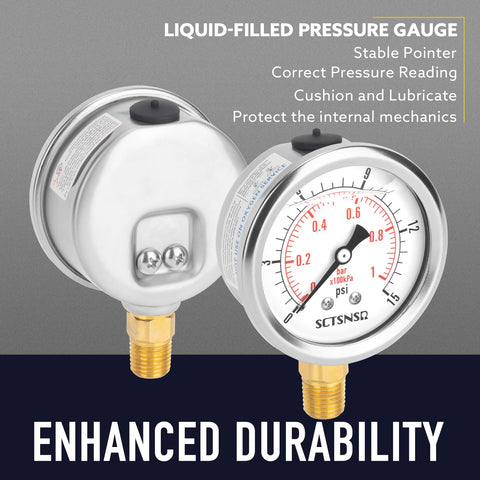 Glycerin Filled Low Pressure Gauge 0 To 15 Psi With Two And A Half Inch Dial And One Quarter Inch NPT Lower Mount Stainless Steel Case