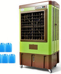 Heavy Duty Portable Swamp Cooler Featuring 8830 CFM Airflow And 10.6 Gallon Tank For Garage Cooling And Humidifying with blue ice packs.