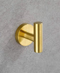 Brushed Gold 5 Piece Bathroom Hardware Set Wall Mounted With 18 Inch Towel Bar 16 Inch Hand Towel Bar Toilet Paper Holder And Two Robe Hooks Durable SUS304 Stainless Steel Modern Style For A Sleek Upgrade showing gold robe hook on wall