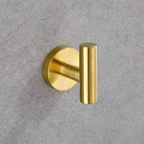 Brushed Gold 5 Piece Bathroom Hardware Set Wall Mounted With 18 Inch Towel Bar 16 Inch Hand Towel Bar Toilet Paper Holder And Two Robe Hooks Durable SUS304 Stainless Steel Modern Style For A Sleek Upgrade showing gold robe hook on wall